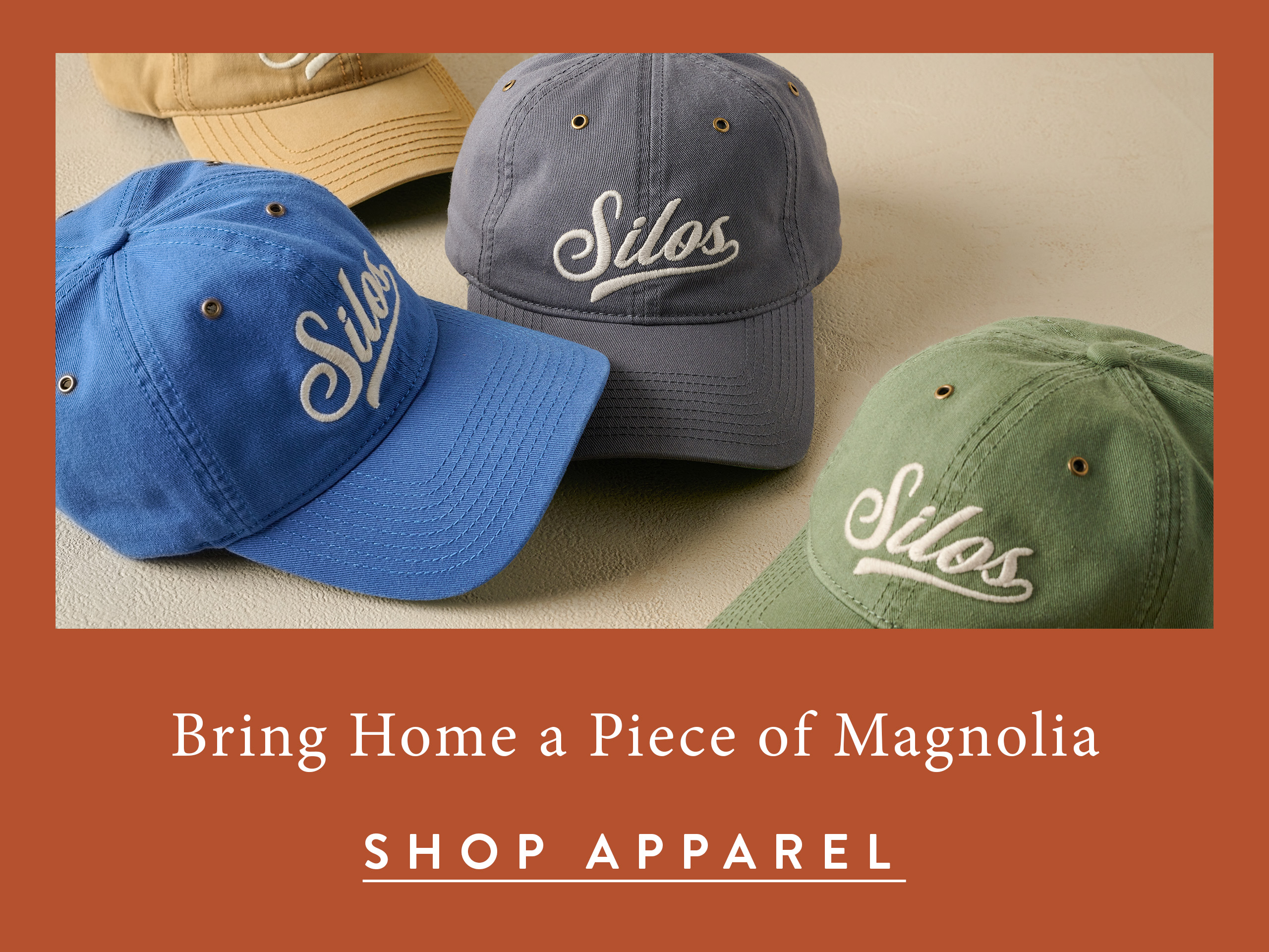 bring home a piece of magnola - shop apparel. three hats pictured
