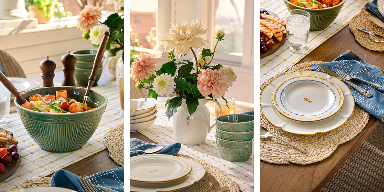 Outdoor summer table with a green serving bowl, the luna pitcher with dahlias in it, and a place setting with the luna dinner and dessert plates
