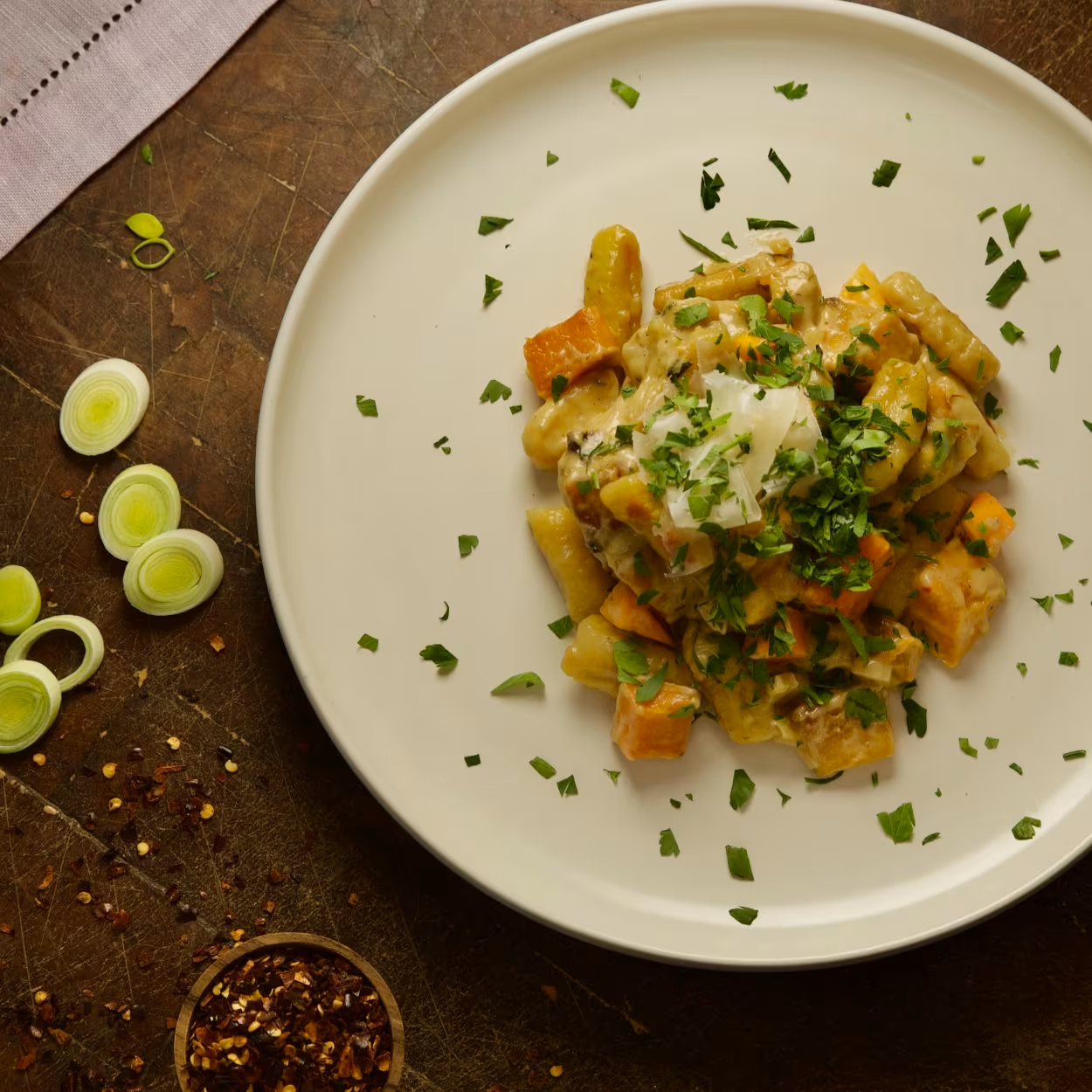 Garnished gnocchi pasta on white plate 