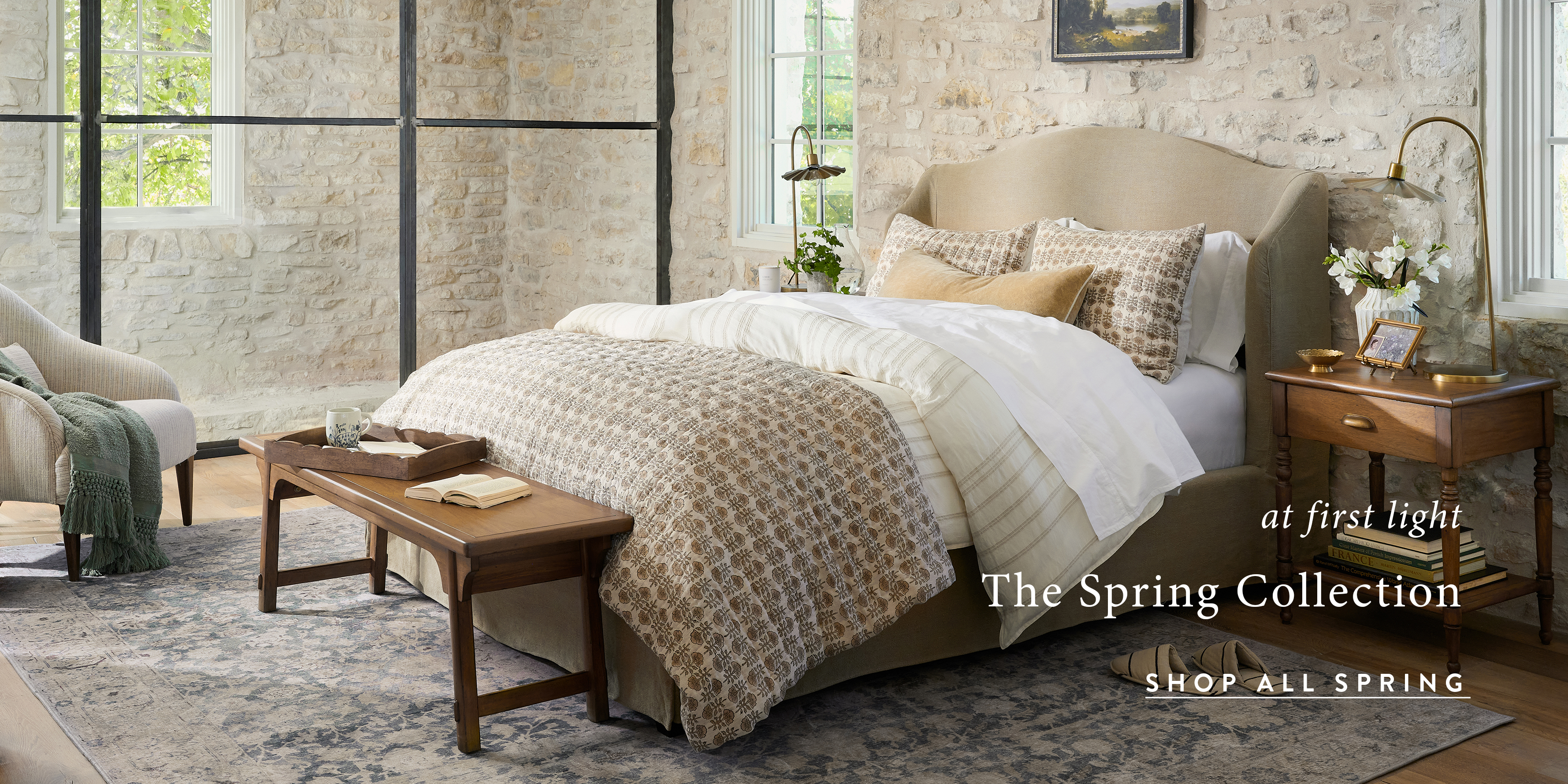 at first light - the spring collection - shop all spring. A bedroom is pictured