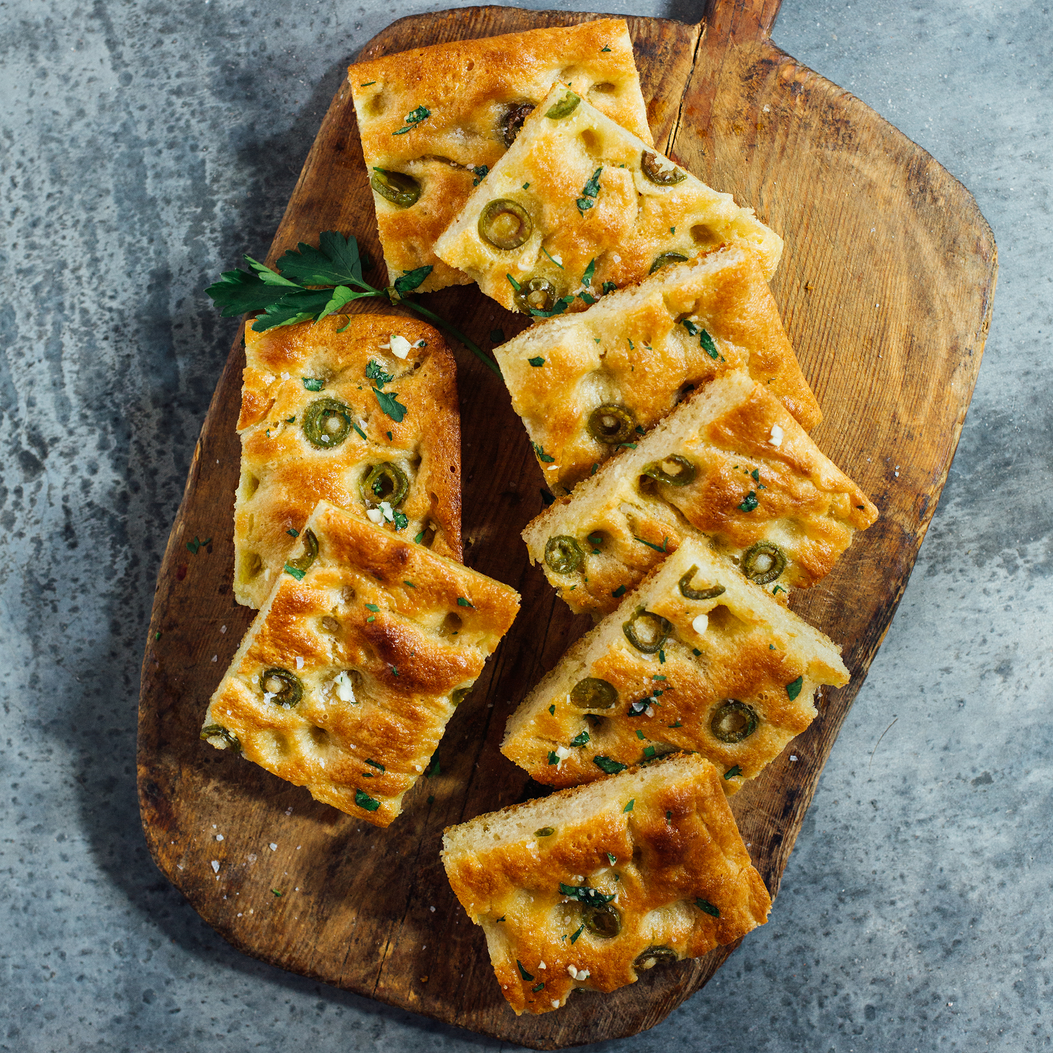 Garlic and Green Olive Focaccia