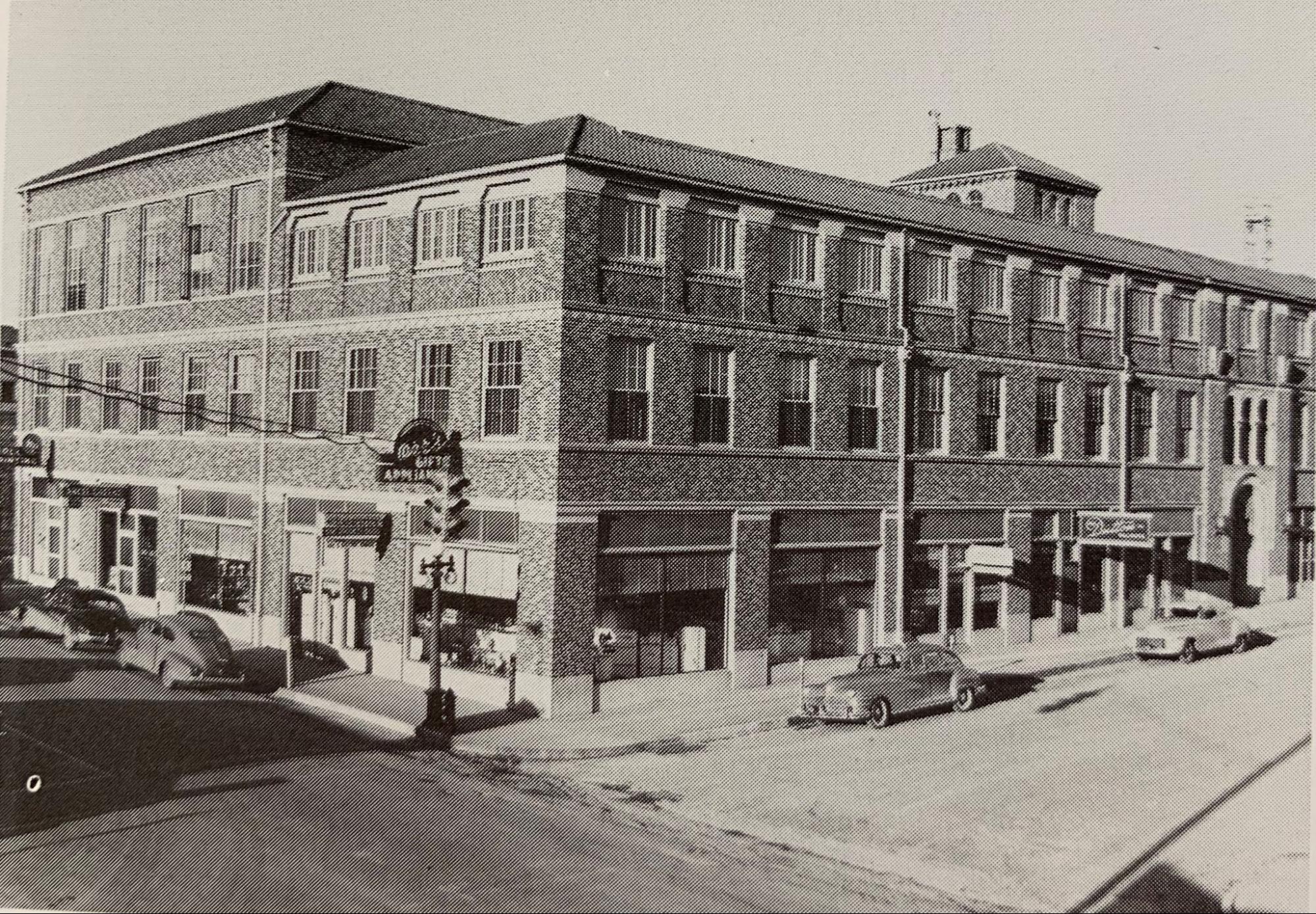 An old photo of a historic building in downtown Waco, Texas. 