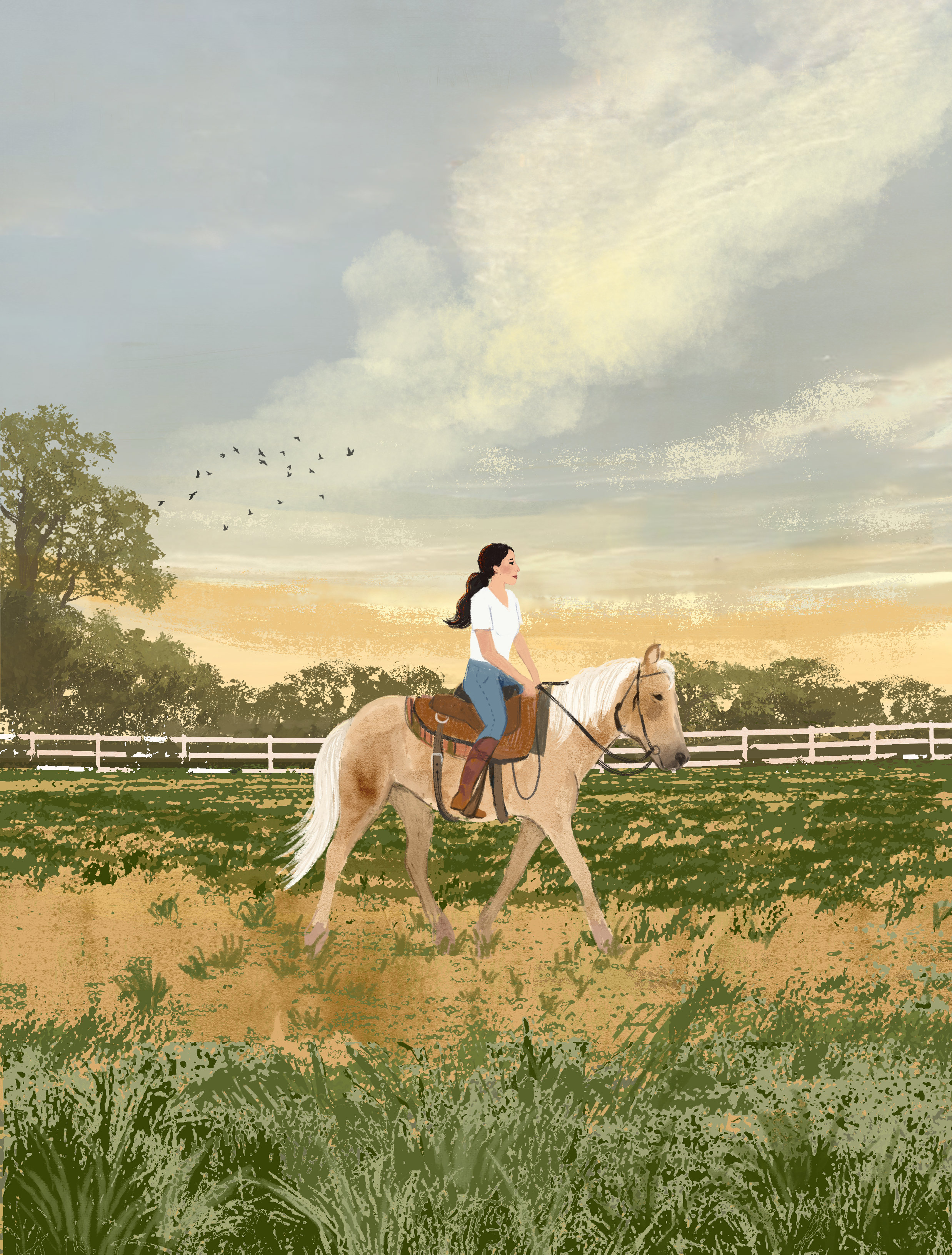 An illustration depicts Joanna Gaines riding a horse.