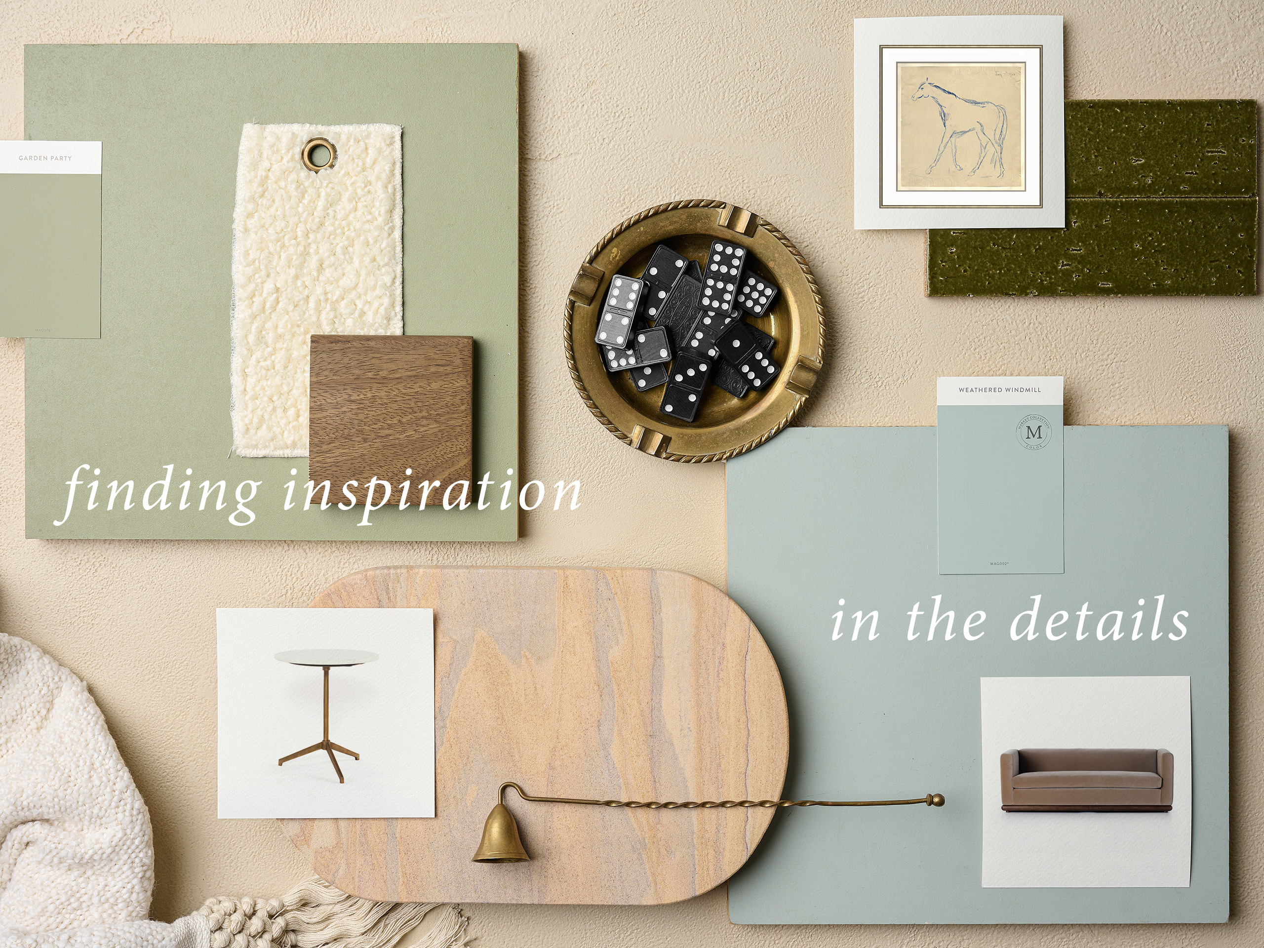 finding inspiration in the details. samples of paints and woods and decor are laid out against a beige background