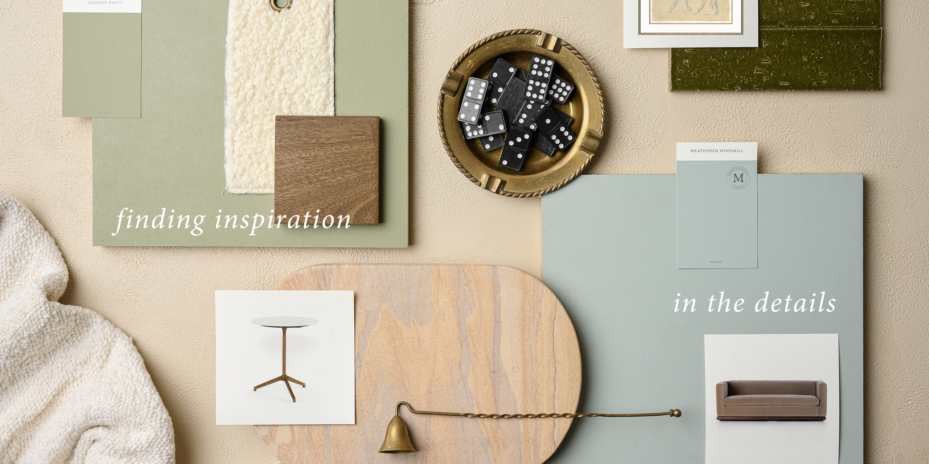 finding inspiration in the details. samples of paints and woods and decor are laid out against a beige background