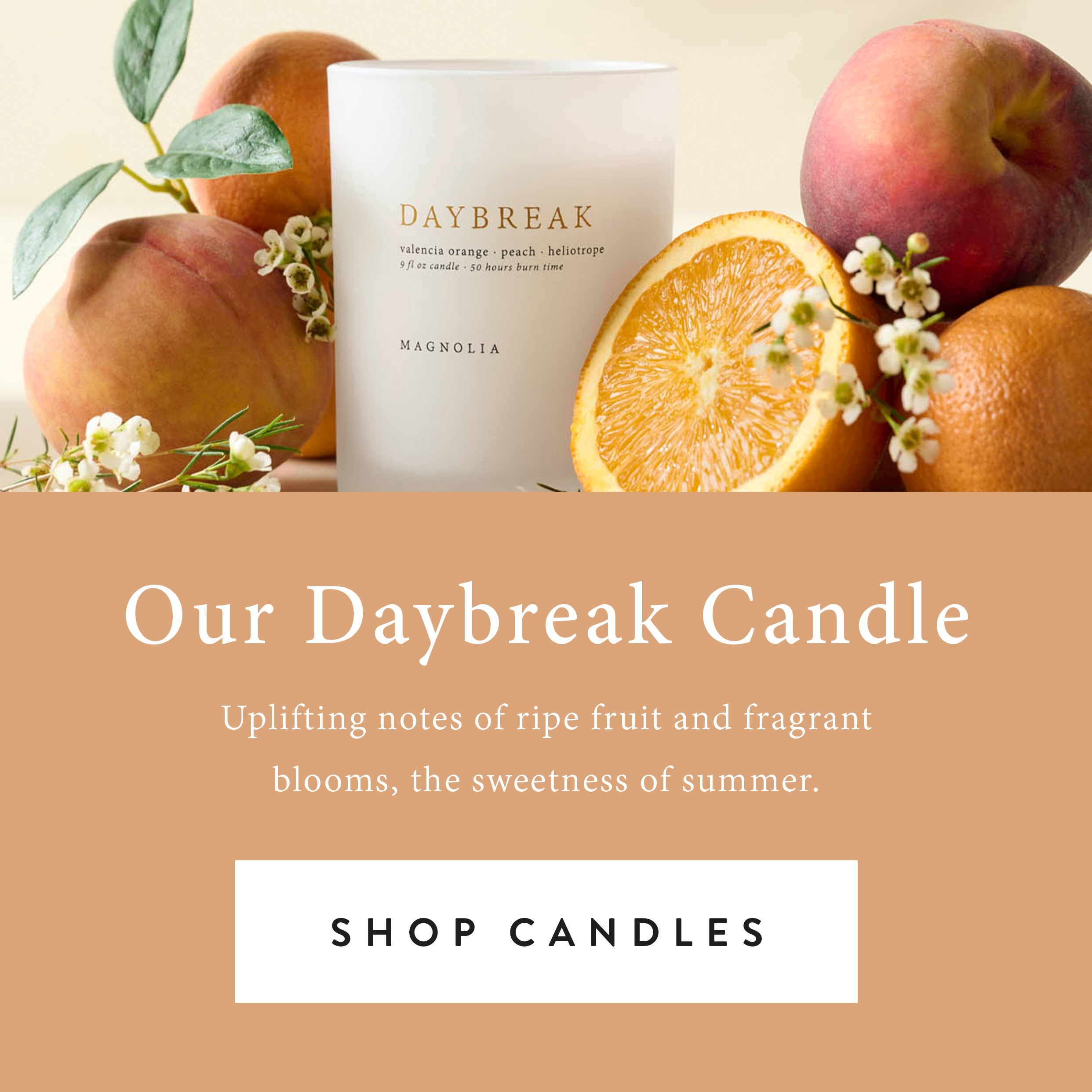 Our Daybreak Candle.  Uplifting Notes of ripe fruit and fragrant blooms, the sweetness of summer.  shop candles here.