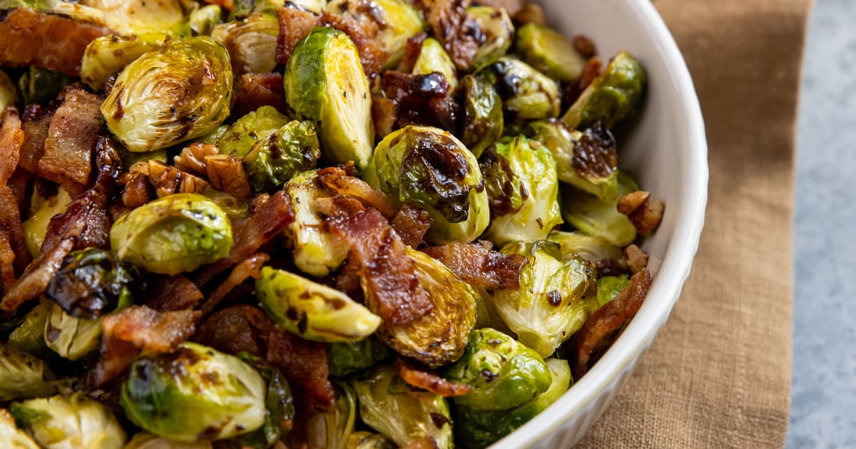 Brussels Sprouts with Crispy Bacon, Toasted Pecan & Balsamic Reduction